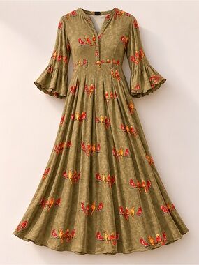 Olive Green Midi Dress with Red & Gold Bird Motif